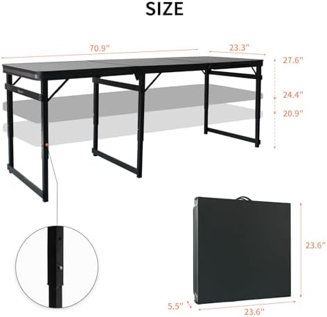 Folding Camping Table, Black Aluminum Frame,3-Position Adjustable Height,Lightweight Carry Handle, Portable for Travel, Camping Outdoor Use, 6FT x 2FT(X-Large), Black
