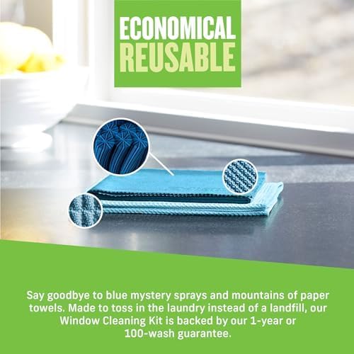 E-Cloth 2-Pack Window Cleaning Cloth - Streak-Free Glass & Mirror Cleaning Kit with Just Water, Glass Cleaning Cloth, Microfiber Towel Kit for Windows, Car Windshield, Mirrors - Alaskan Blue