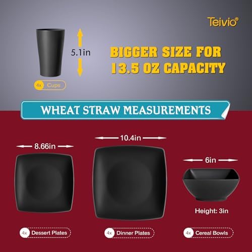 Teivio 16 piece Plastic Plates and Bowl Set for 4, Square Dinnerware Set