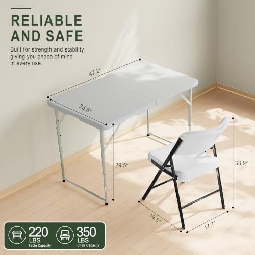 HULKFIT Portable 5-Piece Folding Table and Chairs Set, Heavy Duty 4ft Camping & Party Furniture for Indoor Outdoor Events, White