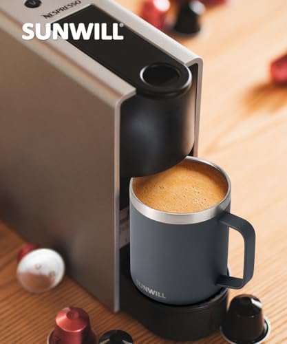 SUNWILL Travel Coffee Mug with Lid, Insulated Tumbler with Handle, 14 oz Stainless Steel Cup for Home, Office, Camping, Powder Coated Charcoal