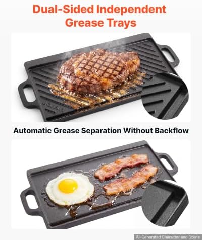 VEVOR Reversible Grill/Griddle 20x9 in Pre-Seasoned Cast Iron Pan Handle