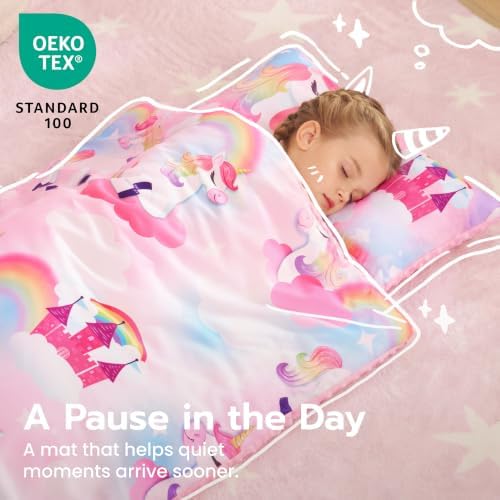 JOIEDOMI Toddler Nap Mat with Removable Pillow and Minky Blanket 55''x30'' Kids Sleeping Bag for Boys and Girls Ages 3-6 Roll Up Soft Nap Mats for Preschool Kindergarten Daycare Sleepover