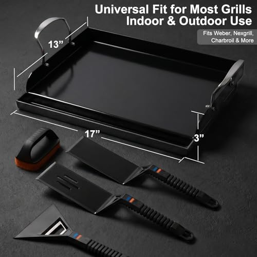 17 x 13 in Pre-seasoned Cast Iron Griddle for Gas Grill, Nano Ceramic Nonstick Flat Top Grill Plate with 5-Piece Tool Kit, Grease Groove, High Sidewalls, Handles, for Charcoal, Stove Top, Camping
