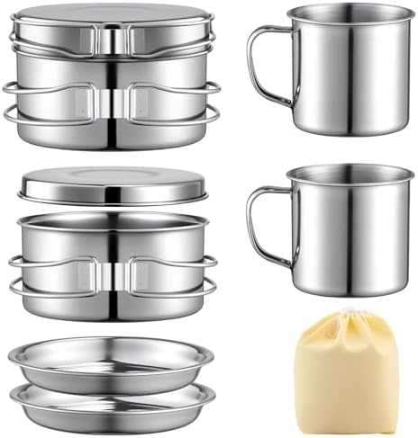 Stainless Steel Camping Cookware Mess Kit - Portable Backpacking Cooking Set with Pot/Plates/Cups & Storage Bag, Outdoor Cookware for Hiking, Picnic, Camping & Backpacking Adventures（8PCS）