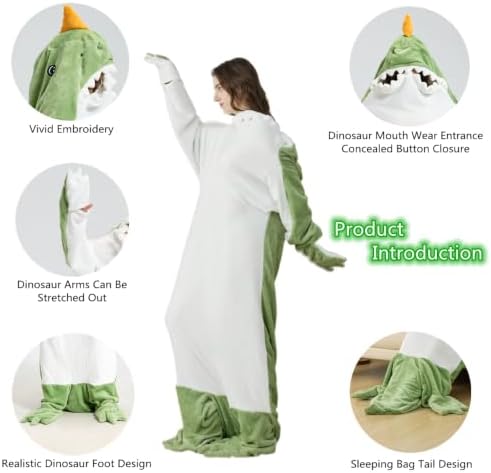 Dinosaur Blanket for Adults Hoodie Animal Sleeping Bags Soft Cozy Dinosaur Gifts(XL fit for Height 5'5"-5'9")