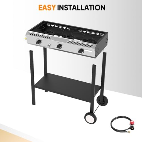 Bonnlo 3 Burner Propane Stove with Inginition, 225000BTU Gas Stove with Storage Shelf and Portable Rolling Wheels, Gas Burner for Outdoor Camping Patio Backyard Cooking Boiling Frying Stewing