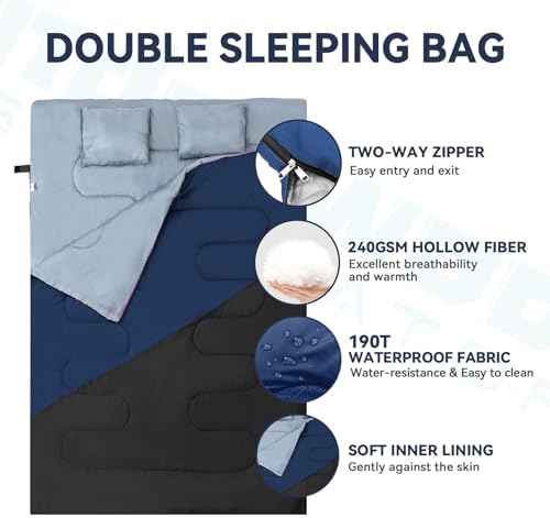 Double Sleeping Bag for Adults Kids, Lightweight 2 Person Sleeping Bag