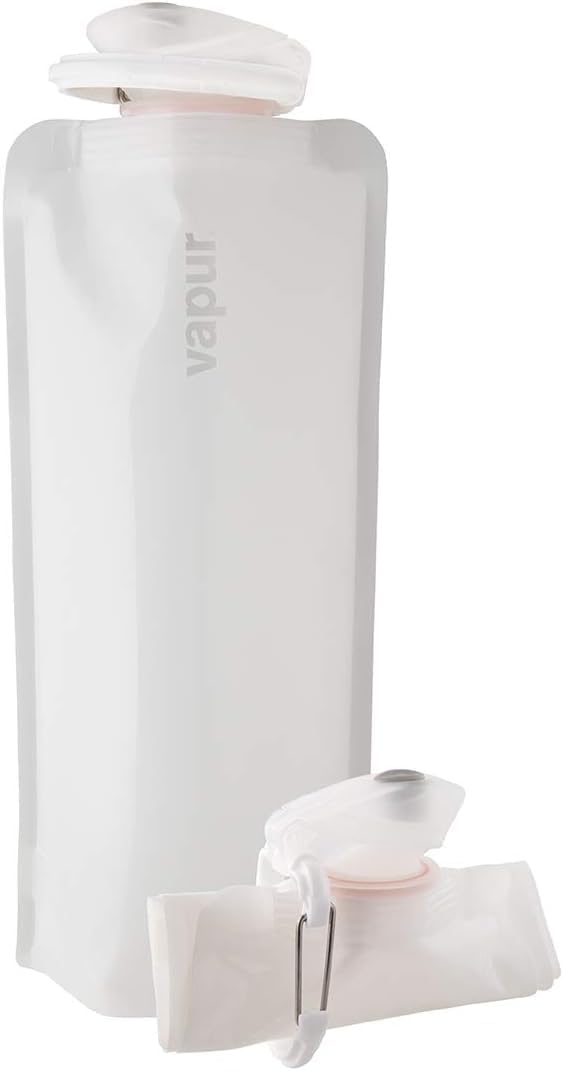 Vapur Collapsible Water Bottle With Carabiner, Compact Bottle Folds Flat For Hydration On The Go, Ideal for Traveling, Hiking or Camping, 34 Ounce, Whiteout, Pack of 1