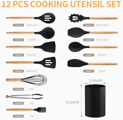 Silicone Cooking Utensil Set,12 PCS Cooking Cookware Kitchen Utensils Set for Cooking, Nonstick 446°F Heat-Resistant Cookware Kitchen Tools of Spoon,Brush,Whisk,Spatula,Turner Tongs (Black)