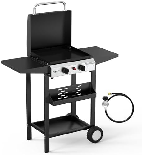 ROVSUN 2 Burner Portable Propane Griddle with Electronic Ignition, 20000 BTU Rolling Flat Top Gas Grill with Enameled Tray & Lid, Side Shelves & Regulator for Outdoor Cooking Camping BBQ Tailgating