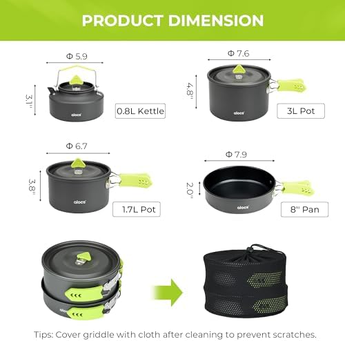 ALOCS Lightweight Camping Cookware Set, Pots and Pans with Kettle