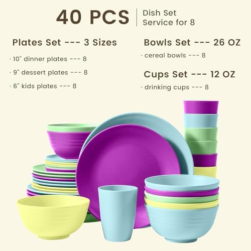 Homienly 40-Piece Kichen Dinnerware Set, Wheat Straw Dinnerware Set, Plates, Bowls, Drinking Cups, Service for 8, Dishwasher & Microwave Safe Dish Set, Unbreakable Plates and Bowls Set - Memphis