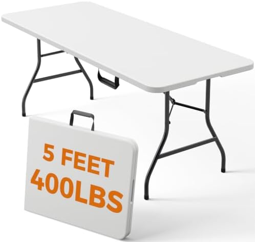 5 FT Folding Table, Heavy Duty Fold in Half Plastic Tables with Carry Handle, Portable Indoor Outdoor Utility Table for Party, Picnic, Camping, Banquet, Wedding, RV Travel