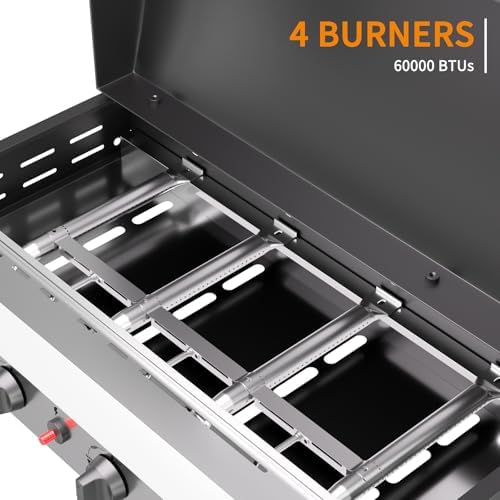 4 Burner BBQ Gas Griddle with Hood, 30 Inch Stainless Steel Portable Detachable Propane Griddle, 60,000 BTU Flat Top Barbecue Grill with Lid for Camping,Silver