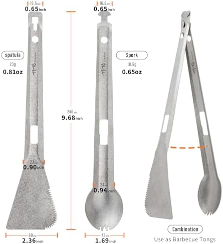 TiTo Titanium 4 in 1 Camping Cookware - Titanium BBQ Tongs, Spork, Knife and Spatula, Portable Lightweight Multi Tableware for Kitchen, Hiking, Backpacking, Outdoor Cooking, Travel, Picnics (Titanium)