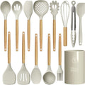 oannao Silicone Cooking Utensils Set - 446°F Heat Resistant Silicone Kitchen Utensils for Cooking,Kitchen Utensil Spatula Set w Wooden Handles, BPA FREE Gadgets for Non-Stick Cookware (Khaki)