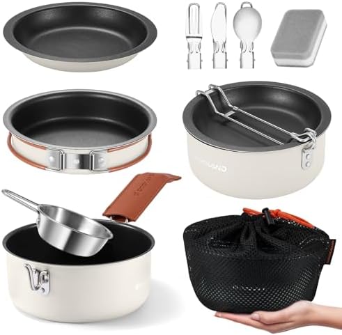 Odoland 10pcs Camping Cookware Non-Stick Camping Pot and Pan Set with Plate Bowl Fork Knife Spoon for Backpacking, Hiking, Outdoor Cooking and Picnic