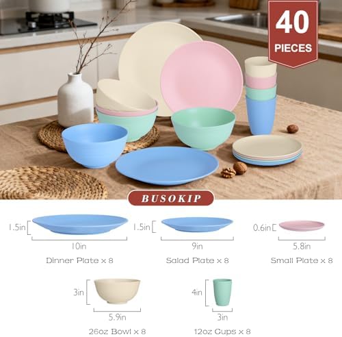 40 PCS Wheat Straw Dinnerware Sets for 8, Dish Sets for 8(Colorful)