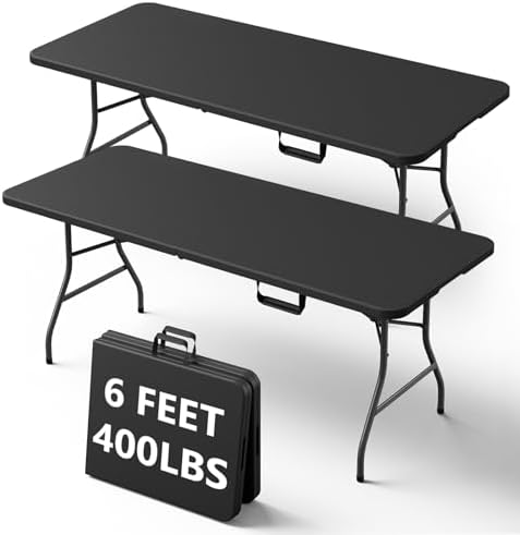6FT Folding Table, Heavy Duty Plastic Fold-in-Half Utility Table with Handle, Portable Camping Picnic Table with Steel Legs for Indoor Outdoor Party, Dining, Black,2 Pack
