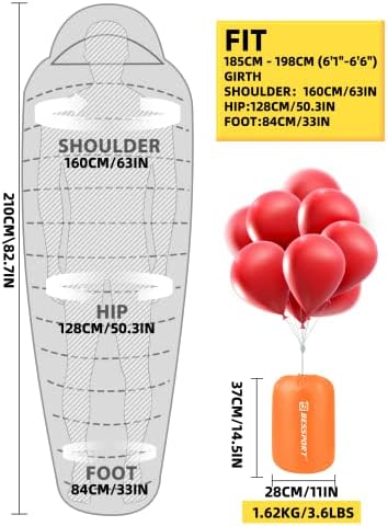 Bessport Mummy Sleeping Bag | 15-45 ℉ Extreme 3-4 Season Sleeping Bag for Adults Cold Weather– Warm and Washable, for Hiking Traveling & Outdoor Activities