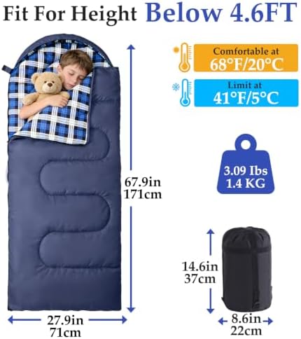 Uniqwamer Kids Sleeping Bag for Girls Boys - 4 Seasons Cold & Warm Weather Flannel Camping Sleeping Bags, Lightweight & Waterproof 45°F Sleeping Bag for Camping Hiking Outdoor Travel
