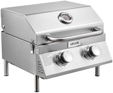 VEVOR Tabletop Gas Grill, 2-Burner Stainless Steel Portable Propane Grill, with Built-in Thermometer, Travel Locks, Weatherproof Lid, 15,000 BTU Total, for Outdoor Cooking, Patio, Party, Camping, RV