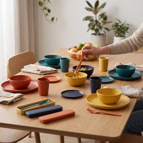 POCREATION Unbreakable Dinnerware Sets, 4 People PP Plates Bowls Mugs Cutlery Set Dishwasher Microwave Safe Lightweight for Camping Picnic Home Party Travel