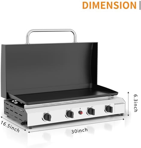 4 Burner BBQ Gas Griddle with Hood, 30 Inch Stainless Steel Portable Detachable Propane Griddle, 60,000 BTU Flat Top Barbecue Grill with Lid for Camping,Silver
