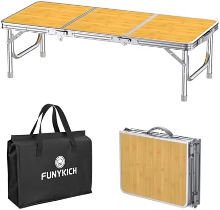 FUNYKICH 3ft Low Folding Camping Table with Carry Bag, 34.2'' Lx15.7'' W Portable Picnic Tables, Lightweight Thicker Aluminum Beach Table with Carry Handle for Beach, Camping, Picnic, Yellow