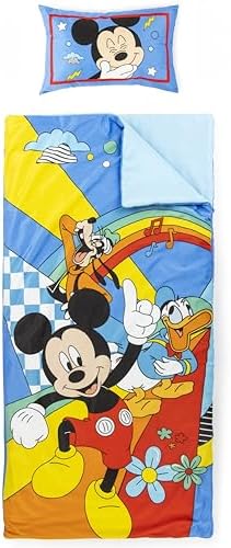 Jay Franco Kids Slumber Bag and Pillow - 54 x 27 Inch Comfy Indoor Sleeping Bag for School and Sleepovers, 2 Piece Set, Multi - Mickey Mouse