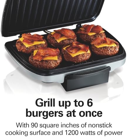 Hamilton Beach Electric Indoor Grill, 6-Serving, Large 90 sq. in. Nonstick Easy Clean Plates, Floating Hinge for Thicker Foods, 1200 Watts, 6.38"D x 12.68"W x 13.78"H, Silver (25371), (Pack of 2)