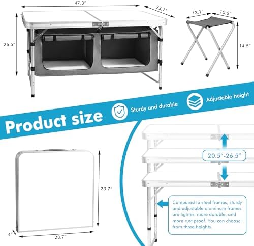 Camp Field Camping Folding Aluminum Table with Adjustable Legs for Outdoor Travel Beach, Backyards, BBQ, Party and Picnic Foldable Table