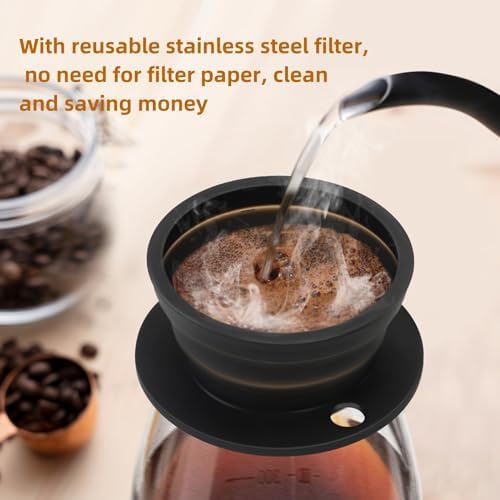 2-Packs Travel Collapsible Paperless Pour Over Coffee Dripper Kit with Stainless Steel Filter, Travel Pour Over Coffee Maker Camping, Silicone Coffee Strainer Pour Over Single Cup (Brown+Black)