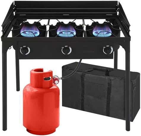 Bonnlo 3-Burner Outdoor Portable Propane Burner Stove 225,000-BTU Gas Cooker with Windscreen & Carrying Bag, Heavy Duty Iron Cast Patio Burner with Detachable Stand Legs for Camp Cooking