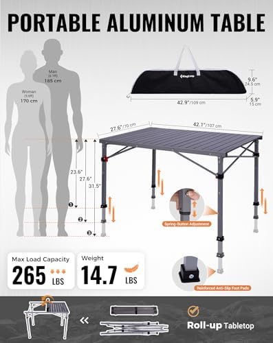 KingCamp 265 Lbs Folding Camping Table, 3-Height Heavy Duty Outdoor Table