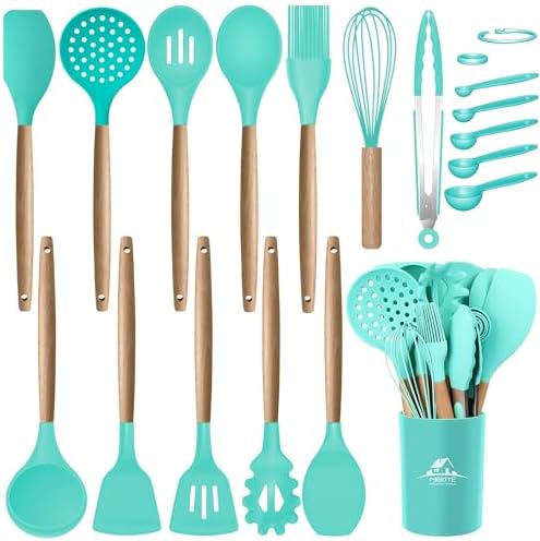 MIBOTE Silicone Cooking Kitchen Utensils Set, Wooden Handle, Teal