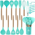MIBOTE Silicone Cooking Kitchen Utensils Set, Wooden Handle, Teal