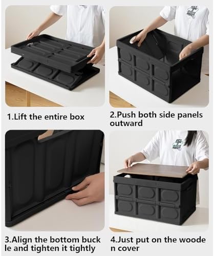 2 PCS Collapsible Storage Bins Box with Lids and Handle, 30L 8Gal Portable Storage Crate Containers Totes, Instacrate Stackable Foldable Camping Basket Supplies for Fishing Car RV, Office (Black)