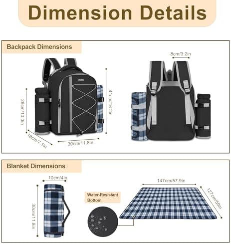 Picnic Backpack for 4 Persons with Insulated Leakproof Cooler Compartment, Cutlery Sets, Wine Holder, Fleece Blanket, Wedding Gifts for Couples, Perfect for Beach, Camping, Hiking, Black