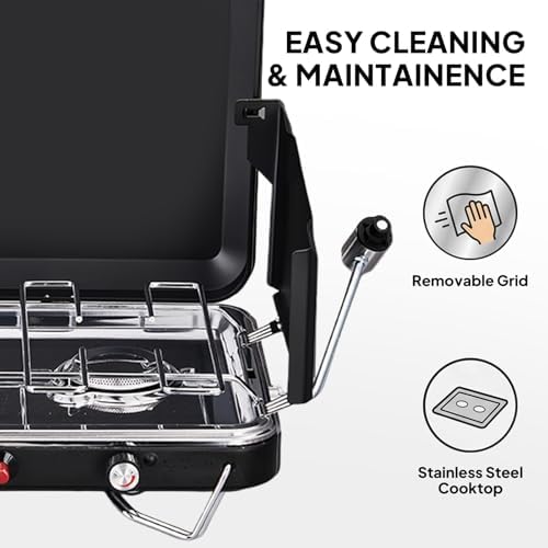 Bonnlo 3 Burner Camping Stove with Igniter, 25000 BTU Portable Propane Gas Stove with Built-in Handle & Foldable Wind Panel, Tabletop Outdoor Stove for Camping Kitchen, Tailgating, Grilling