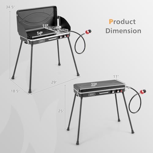 LDAILY 2-Burner Portable Gas Grill, Portable BBQ Grill Propane with Removable Legs, 20,000 BTU Dual Cooking Zones, Wind Guard & Foldable Design, Outdoor Camping Stove, Picnics, Party (Black)