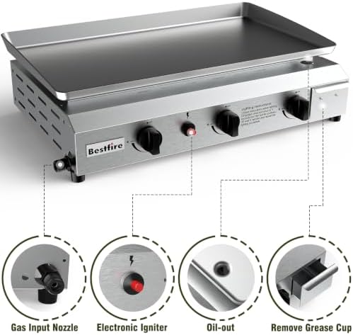Outdoor Grill Table Cart with Wheels & 3-Burner Propane Gas Griddle Combo, 30,000 BTU Portable Flat Top Grill Station with Storage Shelf, Drip Tray & Accessories for Camping, Backyard BBQ, Tailgating