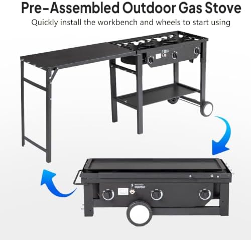 ROVSUN 3 Burner Outdoor Propane Gas Stove with Foldable Side Table & Ignition, 225,000 BTU Stand Cooker for Backyard Cooking Camping Home Brewing Canning Turkey Frying