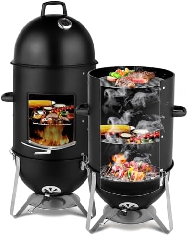 VINGLI 4-Tier 3-in-1 Vertical Charcoal Grill, 18.8 Charcoal Smoker with Built-in Thermometer, Air Vent and Access Doors, Perfect for Outdoor Cookings, Camping, Picnics, BBQs, and Tailgating Parties