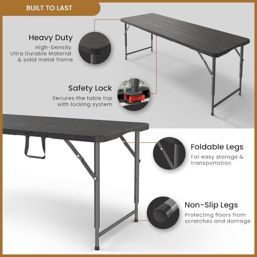 5.5 Feet ADJUSTABLE Foldable Table with Built in Handle & Steel Legs | 5.5FT Heavy Duty Folding Portable | Perfect for Party, Dining, Wedding, Events, Picnic Indoor, Outdoor, Camping, Utility, Folding