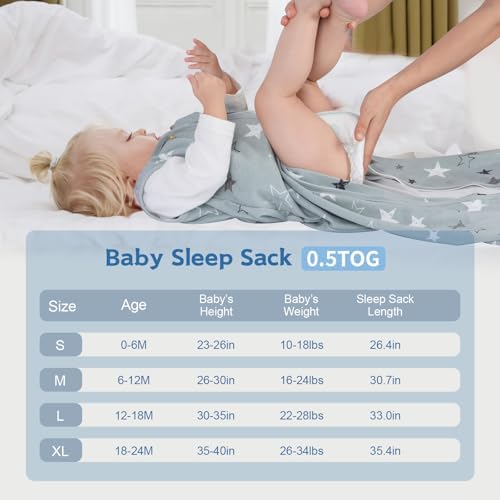Baby Sleep Sack 18-24 Months, 100% Cotton Wearable Blanket, 0.5 Tog, 3 Pack