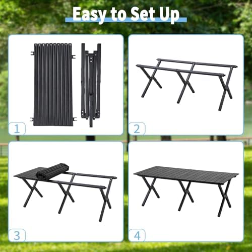 4Ft Aluminum Folding Camping Table, Portable Picnic Table, Outdoor Lightweight Collapsible Camp Table, Roll-up Camping Table for Beach,Party, Patio, BBQ, Travel, Backyard (Black Upgraded Version)