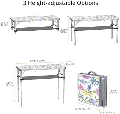 Anbte 3ft Folding Camping Table, 3 Adjustable Height Max 27.5",Floral Bloom