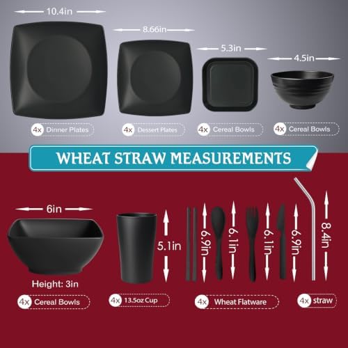 Teivio 44-piece With Flatware Plates and Bowls Sets, Black Dishes Set for 4